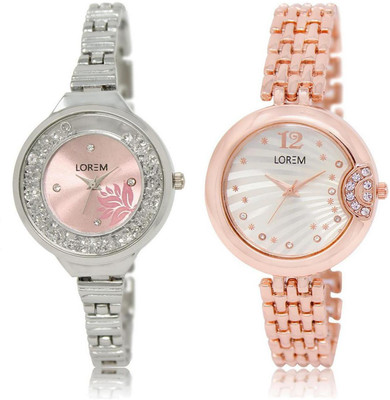 

LOREM MF-226-228 Designer Stylish Silver & Pink Round Girl's Metal Bracelet Watch - For Women