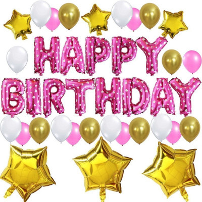 

Theme My Party Cute Birthday Party Decorations Set - Happy Birthday Balloon Letters, 6 pcs Gold Foil Star , 51pcs Latex Balloons