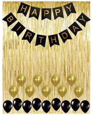 

Theme My Party Gold Metallic Foil Fringe Shiny Curtains, Happy Birthday Banner with Latex