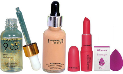 

Ultimate sponge puff & 9 to 5 Gold Face serum & mac Studio Waterweight Foundation & mac giambattista valli lipstick(Set of 4)