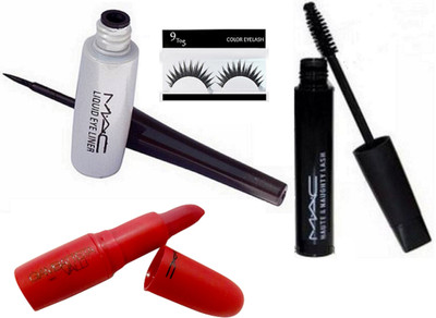 

9 to 5 Eyelashes & Mac Liquid Eyeliner & Haute Naughty Mascara with Giambattista Valli Russian Red Lipstick(Set of 4)