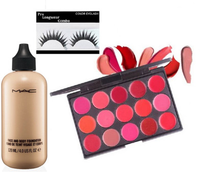 

Pro longwear combo Eyelashes With Creme Lipcolor 15 Shade Palette with face and body Foundation(Set of 3)