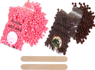 

AuraSkin 100gm Rose Pink beans wax And 100 gms Dark chocolate beans wax green beans wax hard beans wax beans stripless no pain bikini wax Wax with wooden sticks. Wax(200 g, Set of 2)