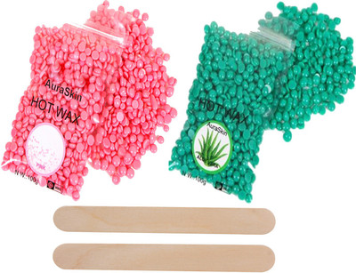 

AuraSkin 100gm Rose Pink beans wax And 100 gms Aloevera beans wax green beans wax hard beans wax beans stripless no pain bikini wax Wax with wooden sticks. Wax(200 g)