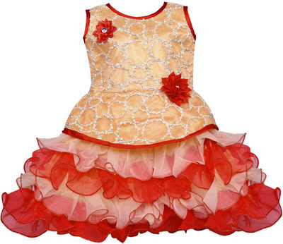 Wishkaro Girls Midi/Knee Length Party Dress(Gold, Sleeveless)