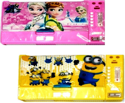 

S2KCrafts S2KC-1119 frozen S2KC-1119 frozen & Minon 8 buttons jumbo plastic pencil box Art Plastic Pencil Boxes(Set of 2, Pink, Yellow)
