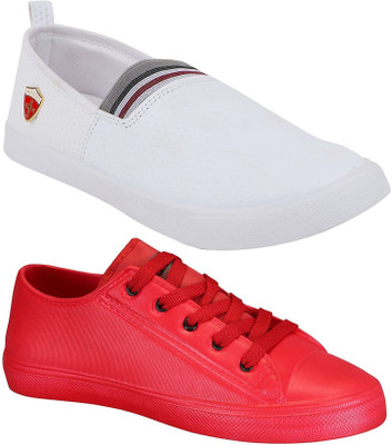 

Pexlo Combo Pack of 2 Casual Shoes (Loafers Shoes) Slip On Sneakers For Men(White, White & red