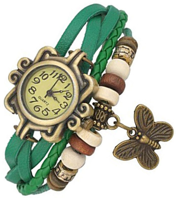 

Mettle Fancy Green Leather Hand Knit Vintage Watches Dress bracelet Women Girls Ladies clover Pendant Retro.1801-GRN002 Watch - For Girls