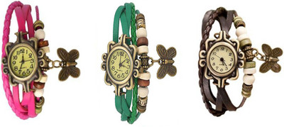 

Mettle Combo Latest Fancy Leather Hand Knit Vintage Watches Dress Bracelet Women Girls Ladies Clover Pendant Retro MT-51 ( Pack Of 3 ) Watch - For Girls