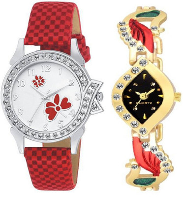 

TRUE KART Flower Print Dial Red Chex Design Leather Belt & Morni Strap Combo Watch - For Women