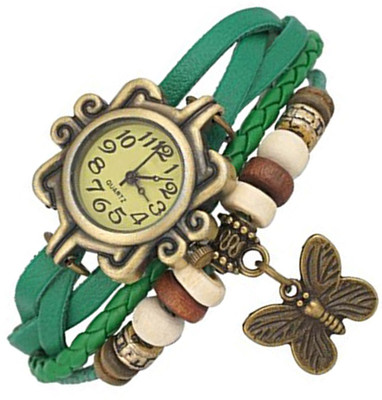 

Mettle Fancy Green Leather Hand Knit Vintage Watches Dress bracelet Women Girls Ladies clover Pendant Retro.1801-GRN001 Watch - For Girls