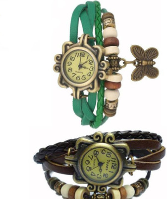 

Mettle Combo Latest Fancy Leather Hand Knit Vintage Watches Dress Bracelet Women Girls Ladies Clover Pendant Retro MT-15 ( Pack Of 2 ) Watch - For Women