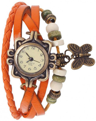 

Mettle Fancy Orange Leather Hand Knit Vintage Watches Dress bracelet Women Girls Ladies clover Pendant Retro.1801-ORG002 Watch - For Girls