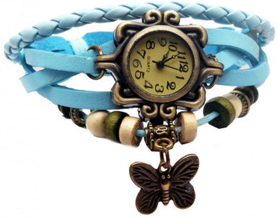 

Mettle Fancy L-Blue Leather Hand Knit Vintage Watches Dress bracelet Women Girls Ladies clover Pendant Retro.1801-BLU001 Watch - For Girls