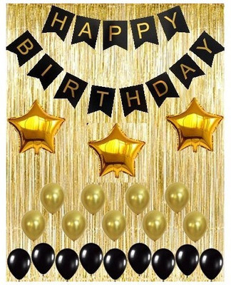 

Theme My Party Black Decoration Kit, Gold Metallic Fringe Shiny Curtains, Happy Birthday Banner with Latex and Star Foil Balloons