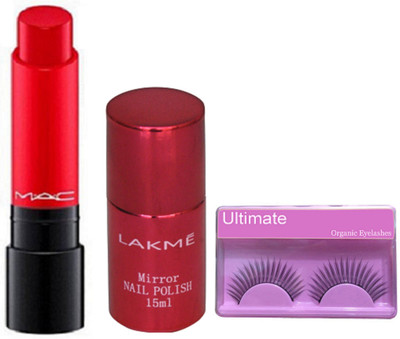 

Ultimate Eyelashes, Mac Liptensity Lipstick, Lakme Red Mirror Nail Polish(Set of 3)