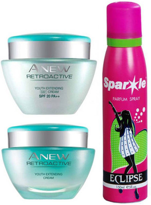 

Avon Anew Retroactive Youth Extending Day Cream SPF 20 PA++ (15 g) & one Retroactive Night Cream (15 g) & With one sparkle perfume spray 150 ml(Set of 3)