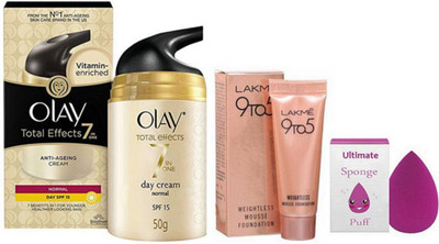 

Ultimate Sponge Puff With 9to5 Mousse Foundation & Olay Total Effect 7in one Anti- Angeing Cream 50 gm(Set of 3)