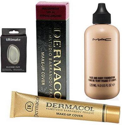 

Ultimate Silicon Puff, Dermacol Make-Up Cover Foundation & Mac Face and Body Liquid Foundation(Set of 3)
