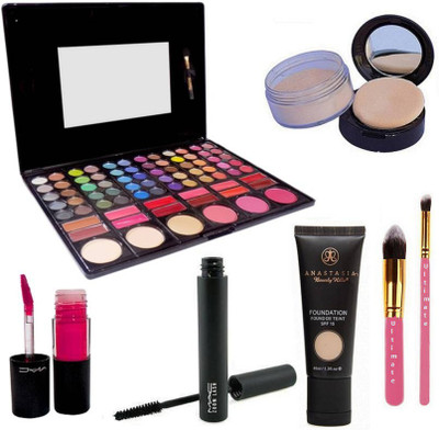 

Ultimate Make Up Brush Set Of 2, Anastasia Loose Powder Compact & Foundation, Zoom Lash Mascara, Pink Lipgloss, Make Up Palette Of Mac(Set of 7)