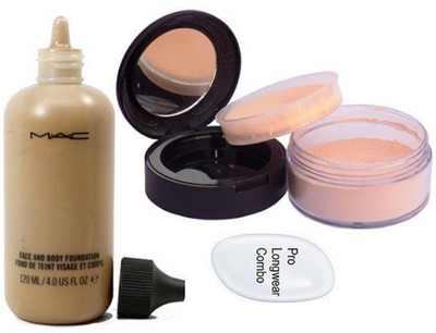 Pro longwear combo Silicon Puff&Mac Face and Body Liquid Foundation & Anastasia Loose Powder(Set of 3)