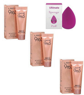 

Ultimate Sponge Puff With With Lakme 9to5 Weithless Mousse Foundation 6 gm Pack Of 3(Set of 4)