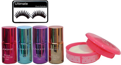 

Ultimate Eyelashes, lakme mirror nail polish (pack of 4) + nail polish remover(Set of 6)