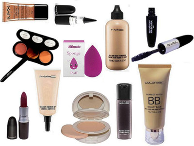 

Ultimate Eyelashes With sponge puff Mac face and body foundation and lightfull compact,stick kajal with select cover up concealer & matte finish long lasting lipstick With 3 shade of blusher, prem+prime face serum, Nyx Burn to glow liquid illuminator and 