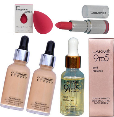 

Pro longwear combo Sponge Puff,Mac Studio Waterweight Foundation,Enrich Matte Finish Lipstick,9 To 5 Gold Rediance Serum(Set of 5)