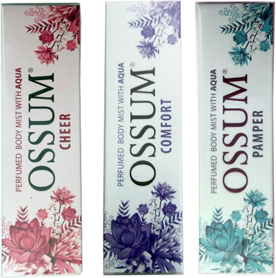 

OSSUM COMFORT PERFUMED BODY MIST 115 ML+PAMPER PERFUMED BODY MIST 115 ML+CHEER PERFUMED BODY MIST 115 ML Deodorant Spray - For Men & Women(115 ml, Pack of 3)