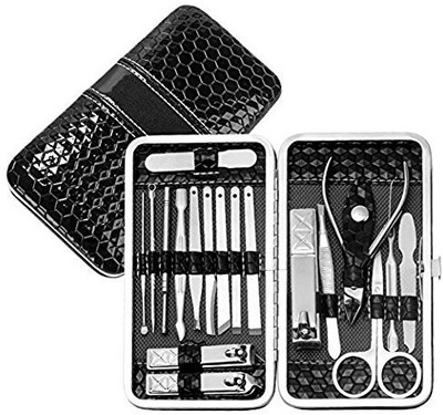 

Foolzy 18 in 1 Stainless Steel Manicure Pedicure Set Nail Cutter Scissors Care Set Tweezers Knife Ear Pick Eyebrow Scissors Utility Tools Grooming Kits with Leather Case(18, Set of 1)