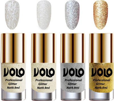 

Volo Professionally Used Glitter Shine Nail Paint Combo Pack of 4(Set 44) White Nail Art And Glitter, White Nail Art And Glitter, Silver Glitter, Golden Glitter(Pack of 4)