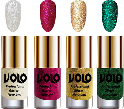 

Volo Professionally Used Glitter Shine Nail Paint Combo Pack of 4(Set 24) White Nail Art And Glitter, Magenta Glitter, Golden Glitter, Dark Green Glitter(Pack of 4)