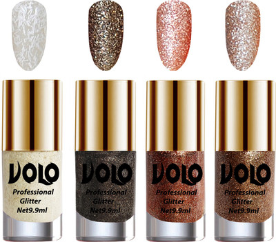 

Volo Professionally Used Glitter Shine Nail Paint Combo Pack of 4(Set 37) White Nail Art And Glitter, Dark Grey Glitter, Peach Glitter, Light Golden Glitter(Pack of 4)