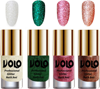 

Volo Professionally Used Glitter Shine Nail Paint Combo Pack of 4(Set 01) White Nail Art And Glitter, Dark Green Glitter, Pink Glitter, Red Glitter(Pack of 4)