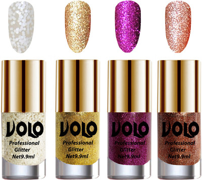 

Volo Professionally Used Glitter Shine Nail Paint Combo Pack of 4(Set 50) White Nail Art And Glitter, Golden Glitter, Purple Glitter, Peach Glitter(Pack of 4)