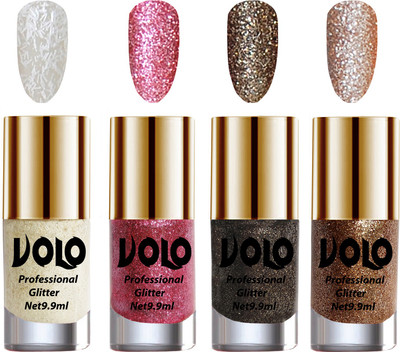 

Volo Professionally Used Glitter Shine Nail Paint Combo Pack of 4(Set 35) White Nail Art And Glitter, Pink Glitter, Dark Grey Glitter, Light Golden Glitter(Pack of 4)