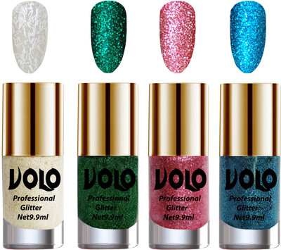 

Volo Professionally Used Glitter Shine Nail Paint Combo Pack of 4(Set 33) White Nail Art And Glitter, Dark Green Glitter, Pink Glitter, Sky Blue Glitter(Pack of 4)
