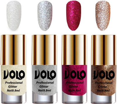 

Volo Professionally Used Glitter Shine Nail Paint Combo Pack of 4(Set 04) White Nail Art And Glitter, Silver Glitter, Magenta Glitter, Light Golden Glitter(Pack of 4)