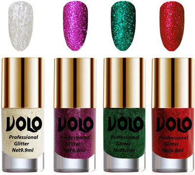 

Volo Professionally Used Glitter Shine Nail Paint Combo Pack of 4(Set 58) White Nail Art And Glitter, Purple Glitter, Dark Green Glitter, Red Glitter(Pack of 4)