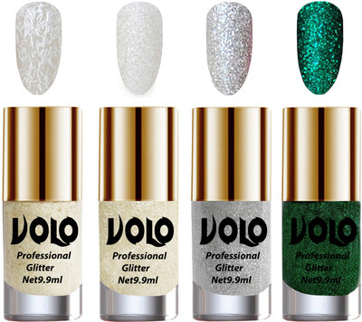 

Volo Professionally Used Glitter Shine Nail Paint Combo Pack of 4(Set 21) White Nail Art And Glitter, White Nail Art And Glitter, Silver Glitter, Dark Green Glitter(Pack of 4)