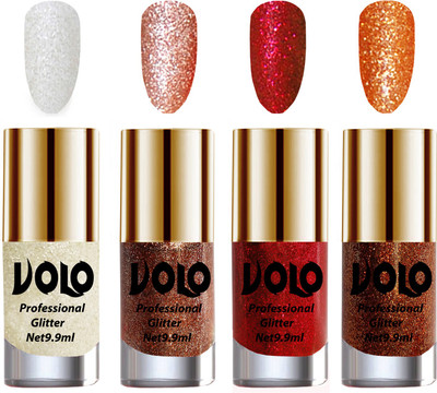 

Volo Professionally Used Glitter Shine Nail Paint Combo Pack of 4(Set 17) White Nail Art And Glitter, Peach Glitter, Red Glitter, Light Orange Glitter(Pack of 4)