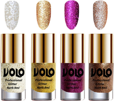 

Volo Professionally Used Glitter Shine Nail Paint Combo Pack of 4(Set 52) White Nail Art And Glitter, Golden Glitter, Purple Glitter, Light Golden Glitter(Pack of 4)