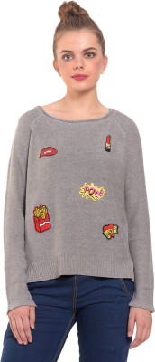 MansiCollections Printed Round Neck Casual Women Grey Sweater