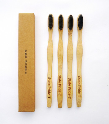 

State Pride - T Biodegradable Bamboo Toothbrush for Adults - Pack of 4| Eco Toothbrushes | 100% Biodegradable Handle | Black Charcoal Medium Bristles | Recyclable Toothbrush | BPA & Plastic-Free Medium Toothbrush(Pack of 4)