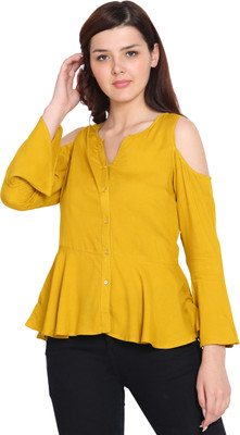 SLENOR Party Bell Sleeve Solid Women Yellow Top
