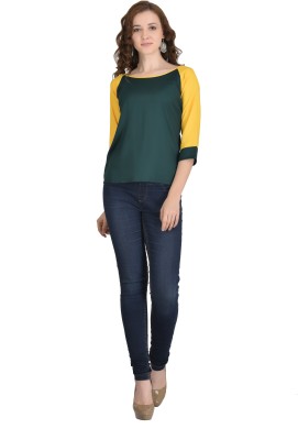 VAANYA Casual 3/4 Sleeve Solid Women Dark Green, Yellow Top