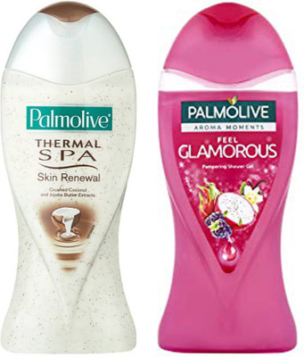 

Palmolive Mix Variety Shower Gel Thermal Spa Skin Renewal Crushed Coconut and Jajoba Butter Extract , Aroma Moments Feel Glamorous Pamering(500 ml, Pack of 2)