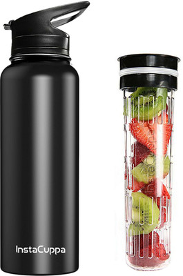 

InstaCuppa Thermosteel Bottle / Thermos Flask with Fruit Infuser & 2 Lids - Vacuum Insulated Double Walled Stainless Steel - Free Weight Loss & Detox Recipe eBook and free Carry Lid 1200 ml Sipper(Pack of 1, Black), Multiple