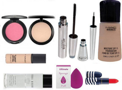 

Ultimate Sponge Puff With Mac Pink Blusher & Studio Fix Compact With Mineralize Foundation & Pro longwear Concealer Wth Brooke candy Eyeliner And Mascara,matte finish Red Lipstick & bobbi Brown Face Makeup Remover(Set of 9)
